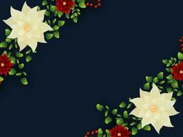 Top View Of Beautiful Poinsettia Flowers With Leaves, Berries Decorated Blue Background And Copy Space. vector