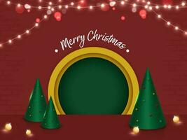 Merry Christmas Poster Design With 3D Render Cone Shaped Xmas Tree, Baubles, Lighting Garland Decorated Red Background And Empty Circular Frame. vector