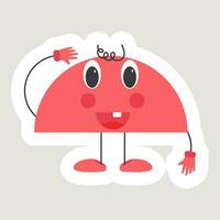 Sticker Style Red Cheerful Semi Circle Cartoon In Saluting Pose. vector