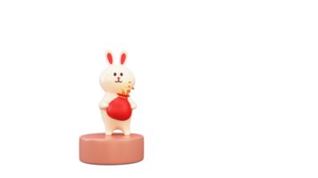 3D Render Of Cartoon Rabbit Holding Chinese Coins Sack Over Podium Element. png