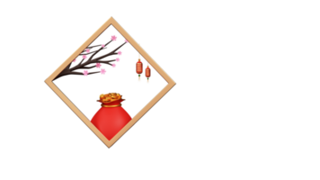 3D Render Of Chinese Festival Elements In Golden Rhombus Frame. png