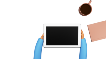 Top View Of Human Hands Holding Empty Tablet Screen With Coffee Cup, File Element. png