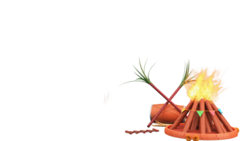 3D Render Of Lohri Festival Elements As Bonfire, Dhol, Sapp Instrument And Sugarcane Illustration. png