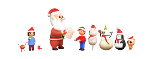 3D Render Santa Claus Offering Gifts To Kids, Polar Bear, Snowman, Penguin And Reindeer On The Occasion Of Merry Christmas. png