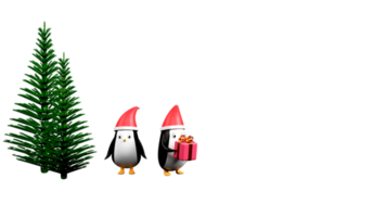 3D Render Of Cartoon Penguins Wearing Santa Hat With A Gift Box, Xmas Or Spruce Trees Element. png