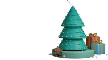 3D Render Of Xmas Tree Decorated By Lighting Garland Over Podium With Gift Boxes, Star Shape Gingerbread, Snowball Against Background And Copy Space. png