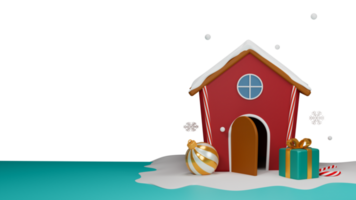 3D Render Of Snow Cover House With Bauble, Gift Box, Candy Cane, Snowflakes Decorated Background And Copy Space. png