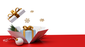 3D Render Of Surprise Gift Box With Golden Snowflakes, Fir Leaf, Candy Cane, Bauble Decorated Background And Copy Space. png