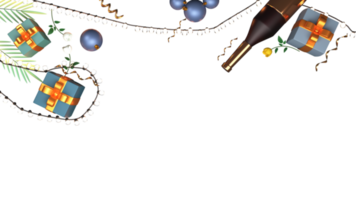 3D Render Top View Of Gift Boxes With Champagne Bottle, Baubles, Rose Flowers, Lighting Garland Decorated Background And Copy Space. png