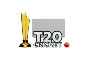 3D Render T20 Cricket Text With Red Ball, Golden Winner Trophy Cup On Glassmorphism Background. png