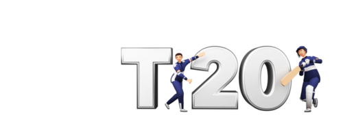 3D Render T20 Text With Cricket Batter Player, Bowler Character In Playing Pose. png