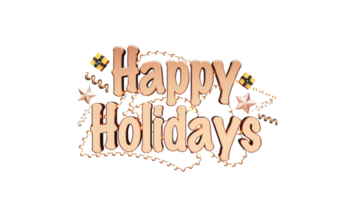 3d render cobre feliz feriados texto com iluminação festão, presente caixas, estrelas, ondulação confete e baga haste decorado fundo. png