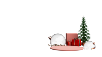 3d representación de Navidad árbol con regalo cajas, vaso adornos, dorado baya vástago decorado antecedentes y Copiar espacio. png