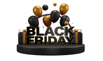 3D Black Friday Font With Gift Boxes Over Podium, Glossy Balloons And Balls Decorated Background. Advertising Banner Design. png