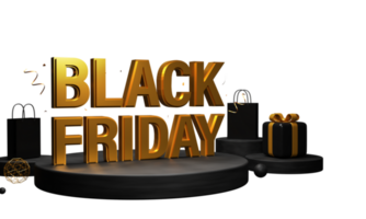 3D Golden Black Friday Text With Gift Box, Shopping Bags Over Podium Illustration. Advertising Banner Design. png