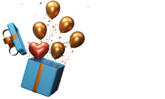 3D Balloons And Confetti Popping Out From Gift Box Against Background With Copy Space. png