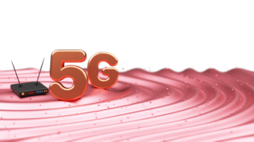 3d gouden 5g tekst met draadloze router en klein ballen tegen glanzend abstract achtergrond. png