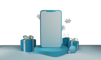 3d renderen van leeg smartphone scherm over- podium met geschenk dozen, boodschappen doen tas, bal, sneeuwvlokken tegen achtergrond. png
