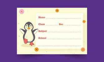 linda pingüino con flor decorativo cuaderno etiqueta o nombre etiqueta en contra púrpura antecedentes. vector