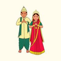 Bengali Wedding Couple Greeting Namaste Against Cosmic Latte Background. vector