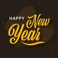 Happy New Year Font Against Dark Brown Fireworks Background. vector