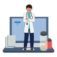 Character Of Doctor Standing Over Laptop With Medicine Illustration On White Background For Healthcare Concept. vector