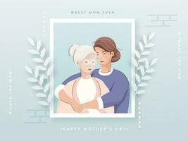 Vector illustration of young girl hugging her mother from side, beautiful grey background decorated by white paper leaves. Concept for Happy Mother's Day.
