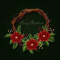 Merry Christmas Greeting Card With Wreath Decorated From Poinsettia Flower, Leaves And Berries On Dark Green Background. vector