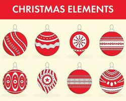 Red And White Different Floral Christmas Balls Element Set On Yellow Background. vector