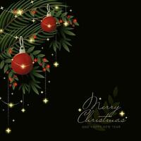 alegre Navidad y contento nuevo año fuente con adornos, baya rama, abeto hojas, dorado estrellas en negro antecedentes. vector