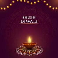 Happy Diwali Celebration Poster Design With Lit Realistic Oil Lamp Over Rangoli And Lighting Garland On Purple Background. vector