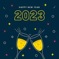 2023 Happy New Year Greeting Card With Toast Glass On Blue Background. vector