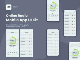 Online Radio Mobile App UI Kit Including FM Radio, Station Screens for Responsive Websites. vector