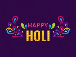 Vector Marquee Lights Happy Holi Text With Colorful Arc Drops On Purple Zigzag Line Pattern Background.