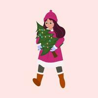 Character Of Young Girl Carrying The Christmas Tree In Woolen Clothes On Pink Background. vector