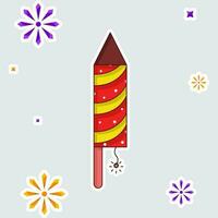 Isolated Sticker Of Flying Rocket Firecracker With Fireworks Grey Background. vector