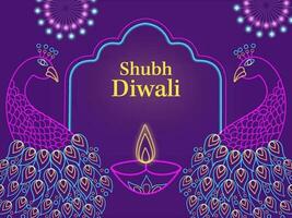 Happy Diwali Font With Linear Style Two Peacock, Lit Oil Lamp And Fireworks Star On Purple Background. vector