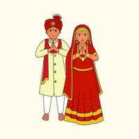 Kashmiri Wedding Couple Greeting Namaste In Traditional Dress On Cosmic Latte Background. vector