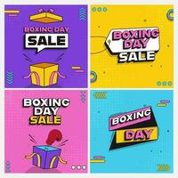 Boxing Day Sale Post Or Template Design With Open Gift Box, Spring Glove Against Halftone Background In Four Color Options. vector