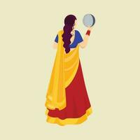 Back View Of Indian Woman Holding Sieve In Standing Pose. vector