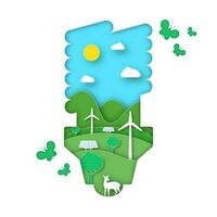 Paper Cut CFL Shape Background With Windmills, Sun, Clouds, Solar Panels, Butterflies, Mountains, Goat And Trees. Save Nature or Green Energy Concept. vector