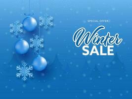 Winter Sale Poster Design With Realistic Baubles Hang And Snowflakes On Blue Xmas Trees Background. vector