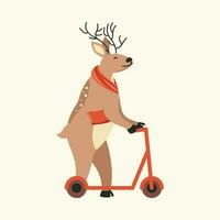 Cute Reindeer Wearing Scarf With Holding Cycle Board On Cosmic Latte Background. vector