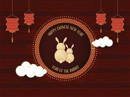 Happy Chinese New Year Concept With Back View Of Bunnies In Circular Frame, Clouds And Lanterns Hang On Dark Red Stripe Background. vector