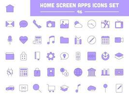 46 hogar pantalla aplicación icono o símbolo conjunto en Violeta y blanco color. vector