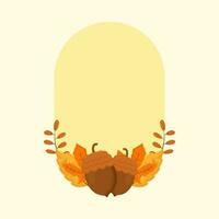 Flat Acorns With Autumn Leaves Decorative Oval Yellow Frame And Copy Space. vector