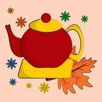 Flat Teapot With Maple Leaf And Flowers On Peach Background. vector