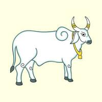 Isolated Ox Or Cow Wearing Golden Bell On Yellow Background. vector