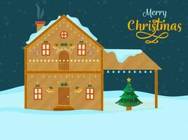 Merry Christmas Celebration Concept With Decorative Chimney House, Xmas Tree On Blue And Cyan Snowy Background. vector