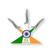 Seventy Two 72 Years of Republic Day With Fighter Jet In Tricolor Sticker In Flat Style. vector